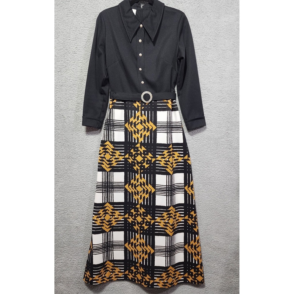 Puritan Forever Young Retro 70's Maxi Dress Black Gold Zipper Size Small